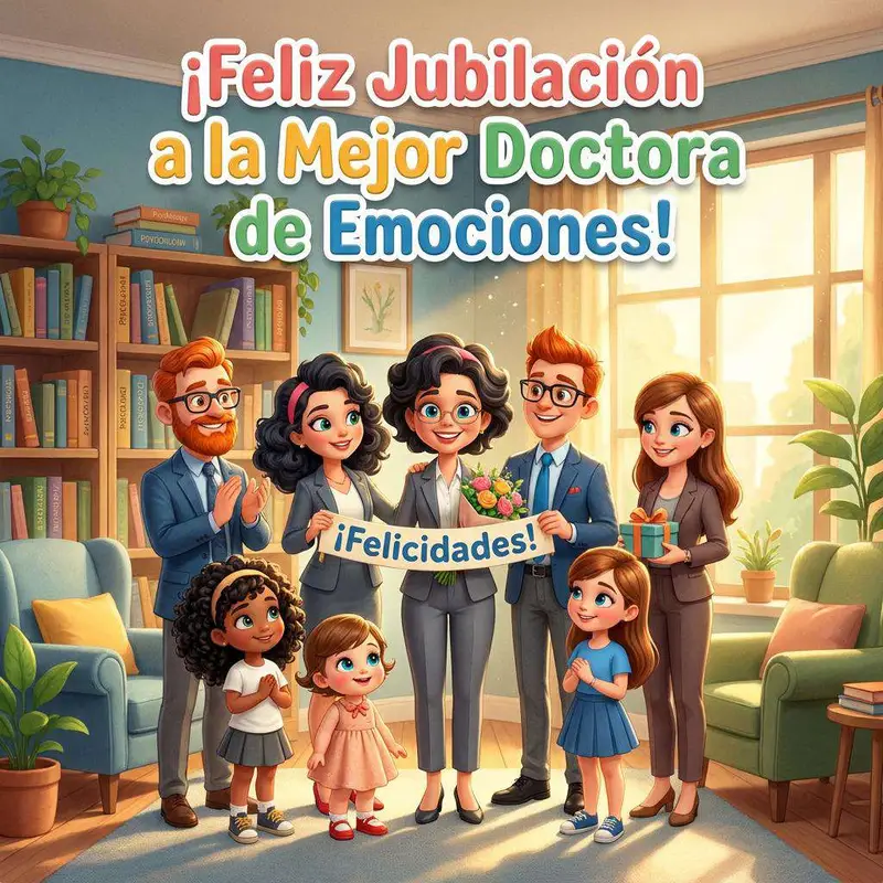 Una familia rodea a una mujer con flores en un salón lleno de libros mientras sostienen una pancarta de felicitación