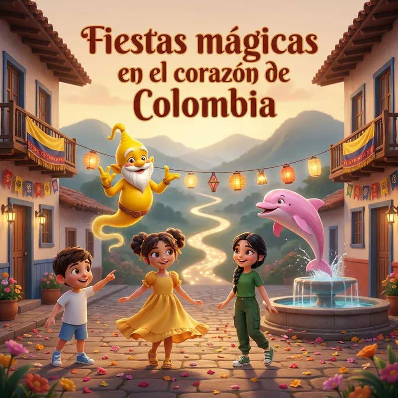 Tres niños bailan en una calle empedrada adornada con farolillos y banderas de Colombia, junto a un genio amarillo que flota y un delfín rosado que salta de una fuente