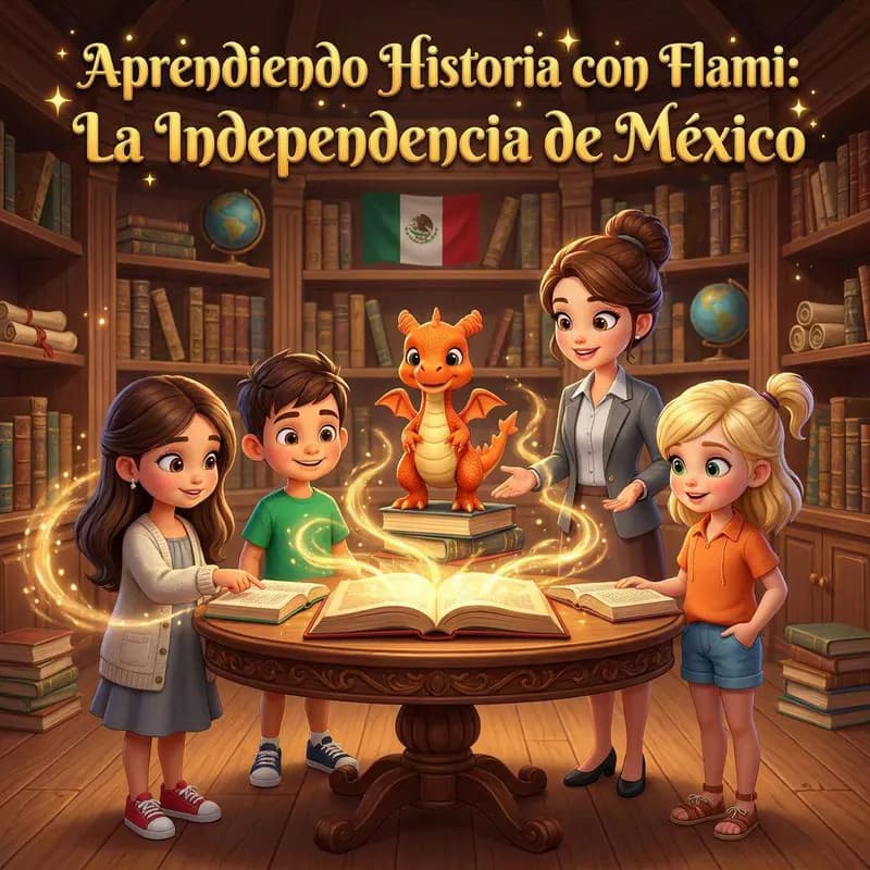 Tres niños y una maestra rodean un libro abierto del que sale un dragoncito naranja envuelto en luz dorada, en una biblioteca con la bandera de México al fondo