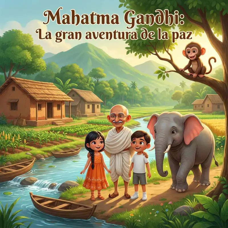 Gandhi pasea junto al río con Asha y Raju, un elefante y un mono, delante de las casas de la aldea