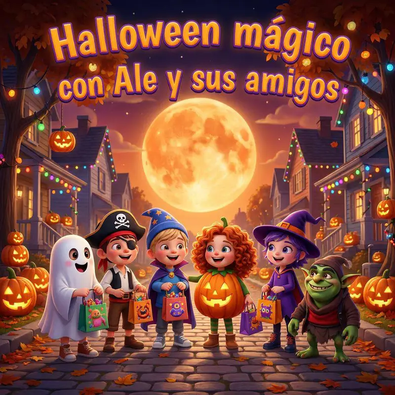 Un grupo de niños disfrazados de fantasma, pirata, mago, calabaza y bruja, junto a un ogro, recorre con sus bolsas de caramelos una calle llena de calabazas bajo una luna naranja