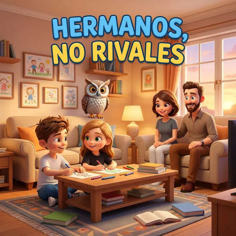 Dos hermanos dibujan en la mesa baja del salón mientras sus padres los miran desde el sofá y un búho los observa desde la estantería