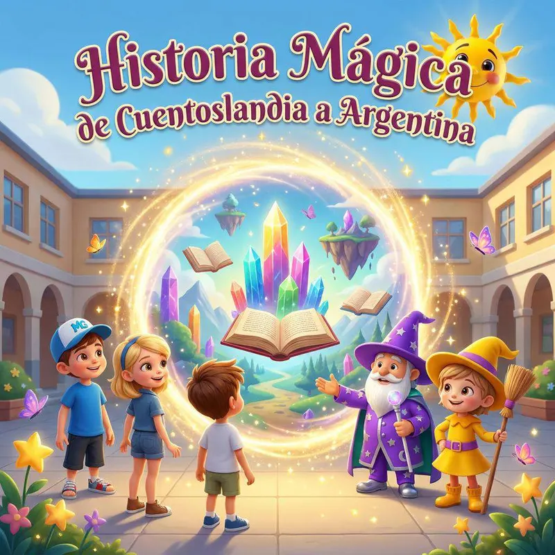 Cuatro niños ante un portal de cristales de colores del que sale un libro abierto, acompañados por un mago y una brujita en el patio de un colegio
