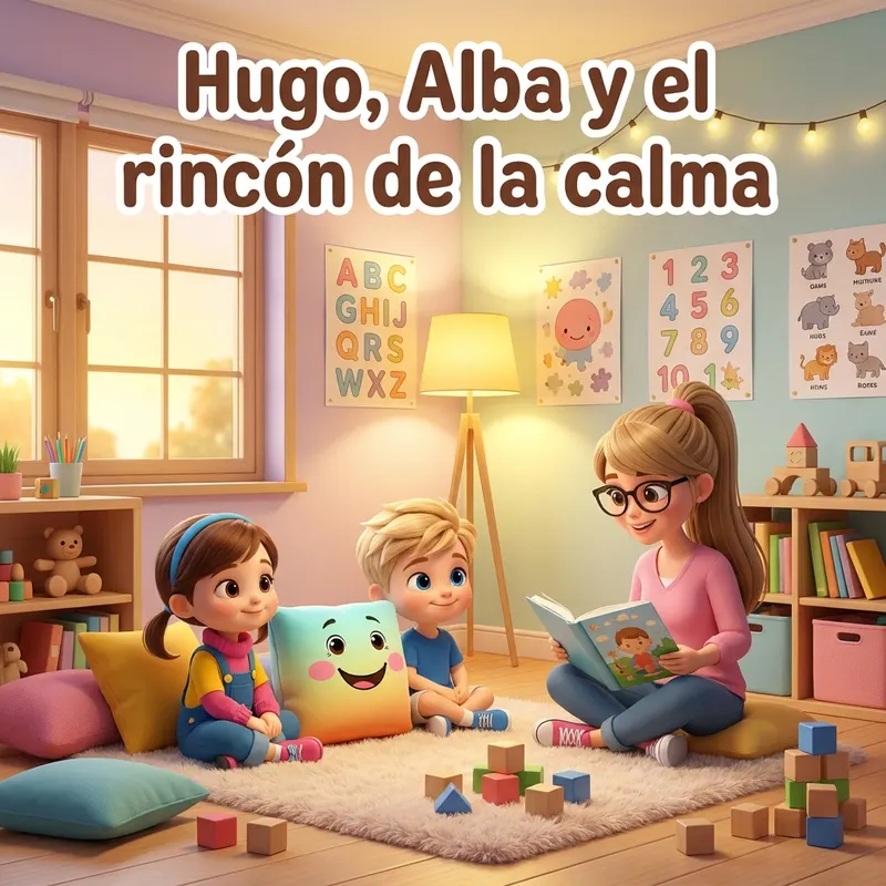 Hugo, Alba y Puffy sentados en el rincón de la calma mientras la maestra Laura les lee un cuento