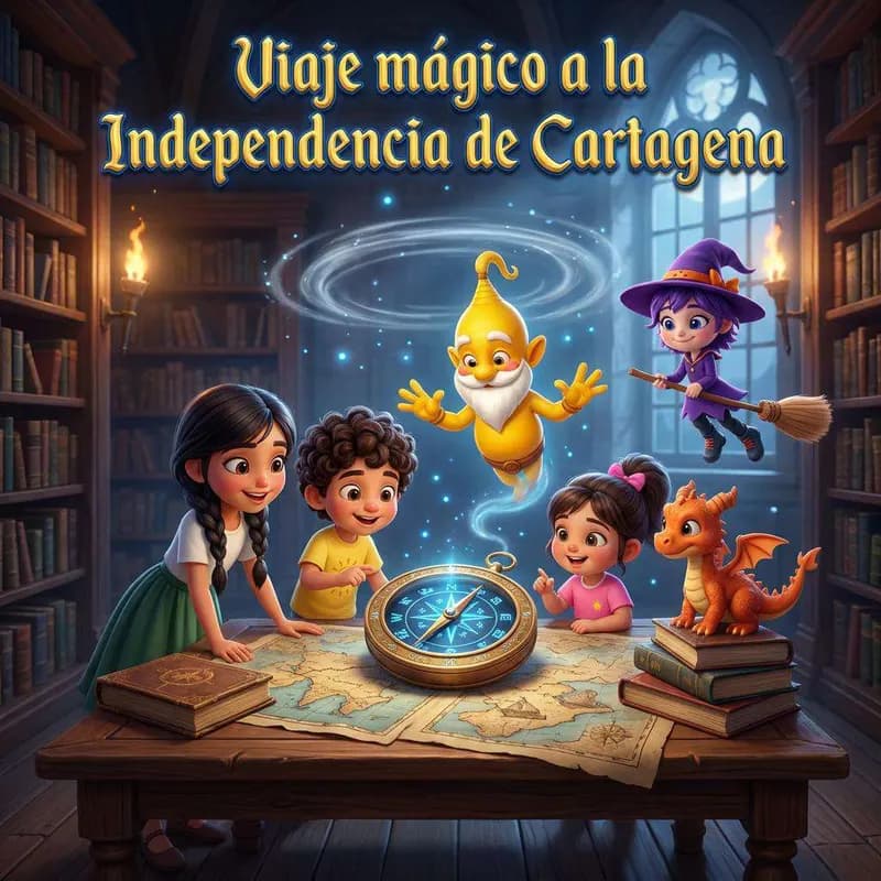 Cuatro niños rodean una mesa de biblioteca donde una brújula antigua despide un remolino de luz azul, acompañados de un genio amarillo, una bruja en escoba y un dragón naranja