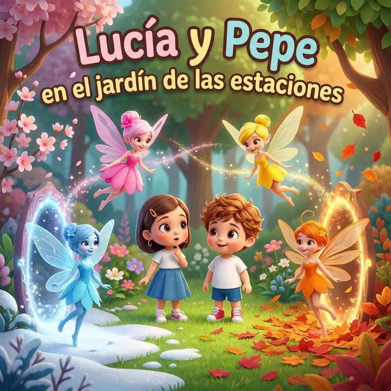 Dos hermanos rodeados de cuatro hadas de colores en un jardín partido en cuatro: nieve, flores de cerezo, verde de verano y hojas de otoño