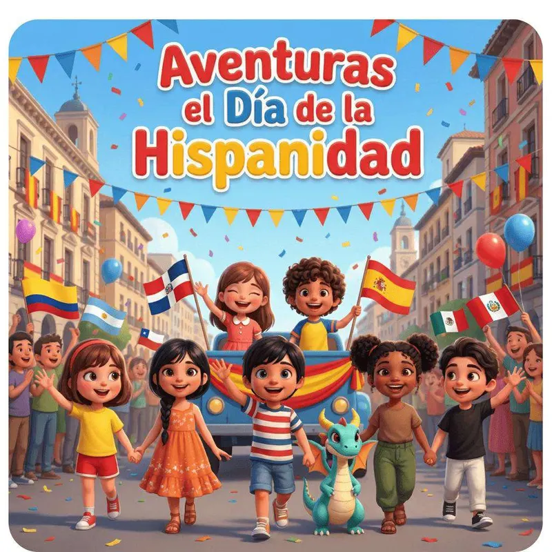 Una dragoncita azul y un grupo de niños sonrientes con banderas de España, Colombia, México, Argentina y República Dominicana en una calle engalanada de Madrid