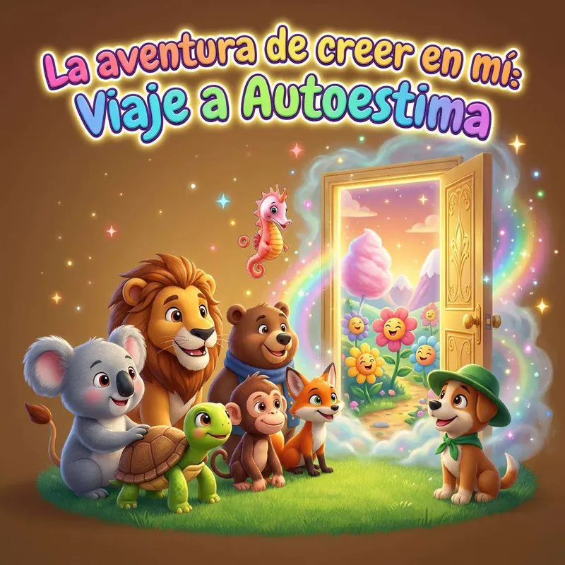 Un koala, un león, una tortuga, un mono, un oso y un zorro miran una puerta dorada abierta a un paisaje de flores sonrientes