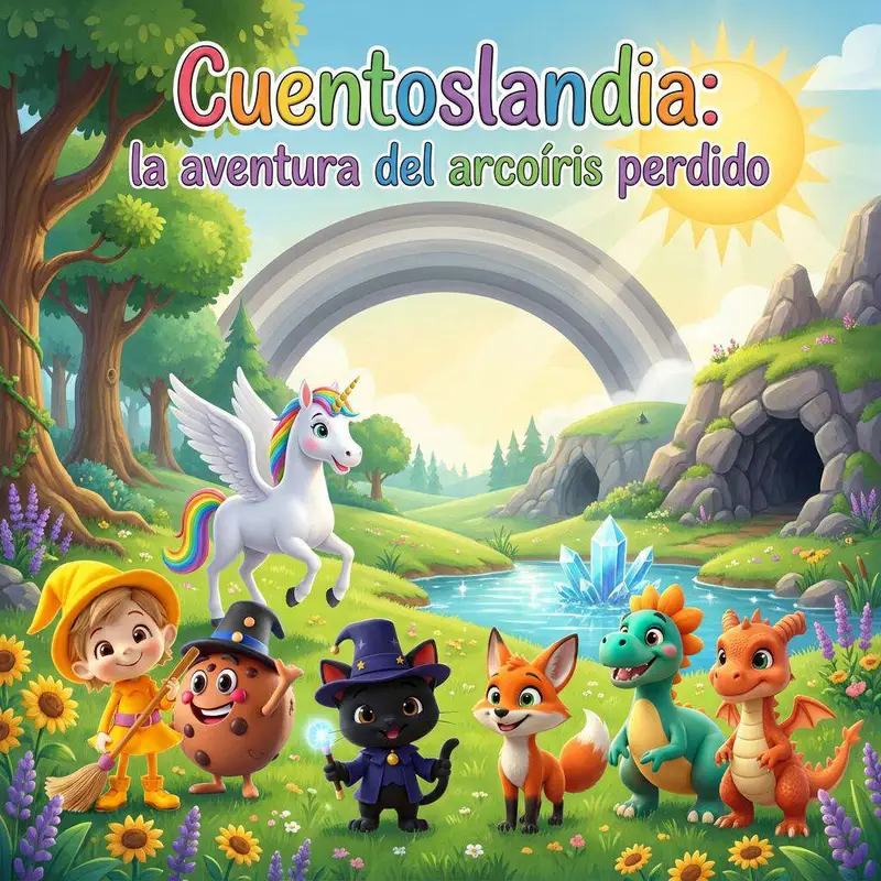 Un unicornio alado, una brujita, una galleta con sombrero, un gato negro, un zorro, una dinosaurio y un dragoncito en un prado bajo un arcoíris gris