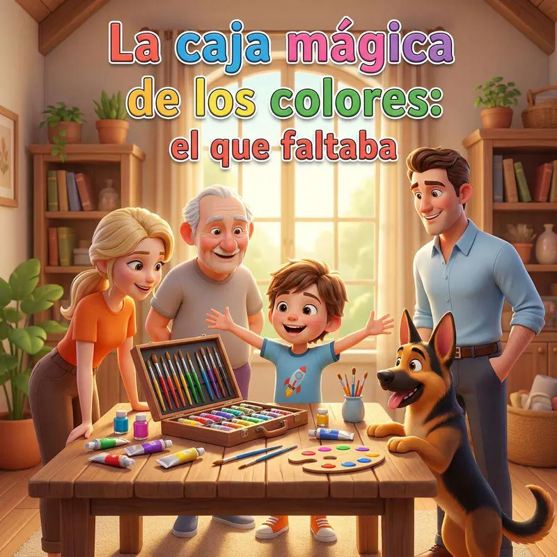 Iván abre los brazos ante una caja de pinturas de colores, rodeado de su madre, su padre, el abuelo y Lu, su perro