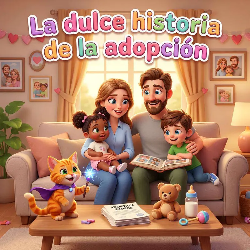 Carlos, Almudena, Antonio y la bebé Ana en el sofá del salón con el gato Ambar y un álbum de fotos