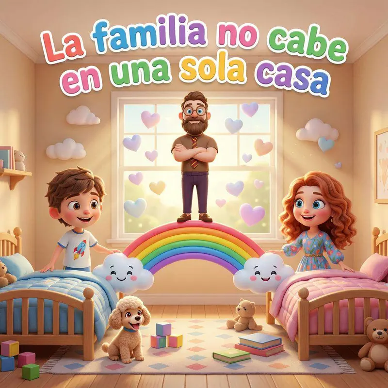 Nico entre sus dos padres, cada uno en un lado, con dos habitaciones distintas y un arcoíris con nubes de colores en el centro