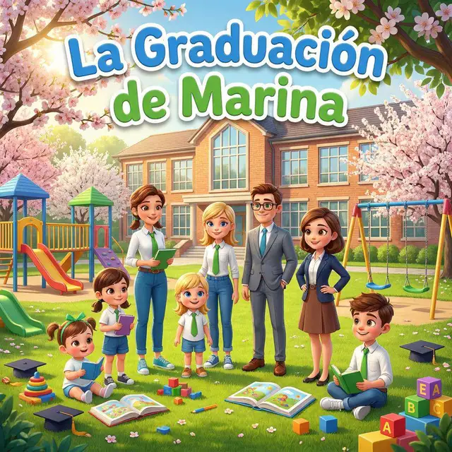 Marina con su familia y sus profesores en el jardín del colegio Los Almendros, con birretes y libros en el suelo