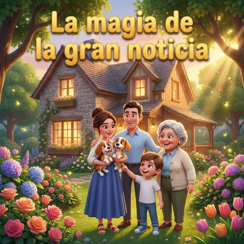 Luis y su familia delante de su casa entre flores: mamá con dos cachorros beagle en brazos, papá y la abuela