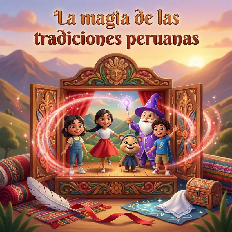 Cuatro niños y una osita posan dentro de un retablo ayacuchano de madera pintada mientras un mago con capa morada traza un círculo de luz roja, con los Andes al fondo