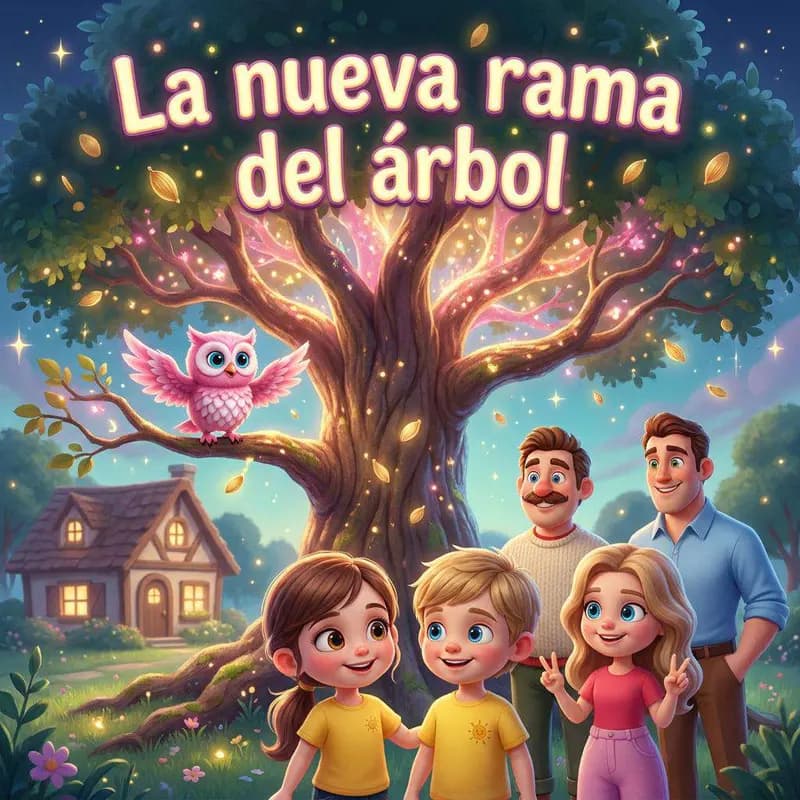 Un roble enorme con una lechuza rosada en una rama y la familia de Clara reunida entre las raíces
