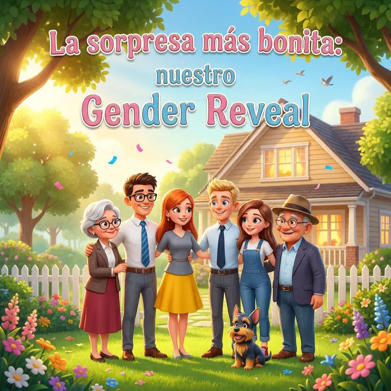 Sara y Jorge en el jardín de casa, rodeados de sus padres, sus hermanos y su perro Moon