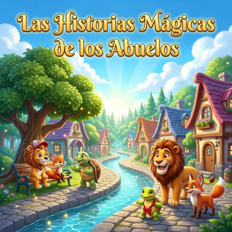 Un león, una zorra y una tortuga charlan en el banco de un pueblo de casitas de colores junto a un río