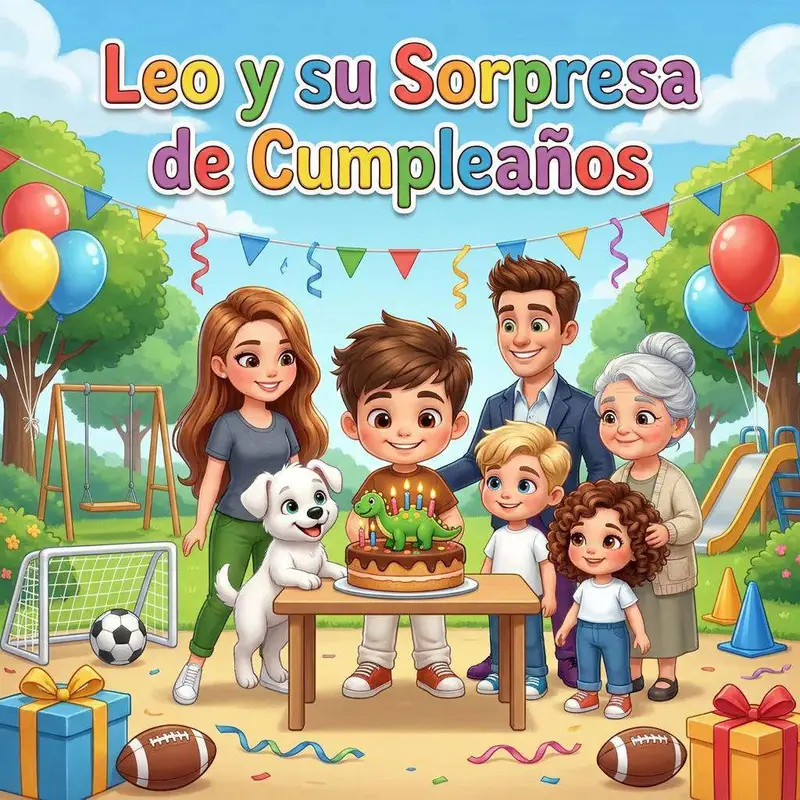 Un niño sopla las velas de una tarta verde en un parque, rodeado de sus padres, sus abuelos, sus amigos y su perro blanco