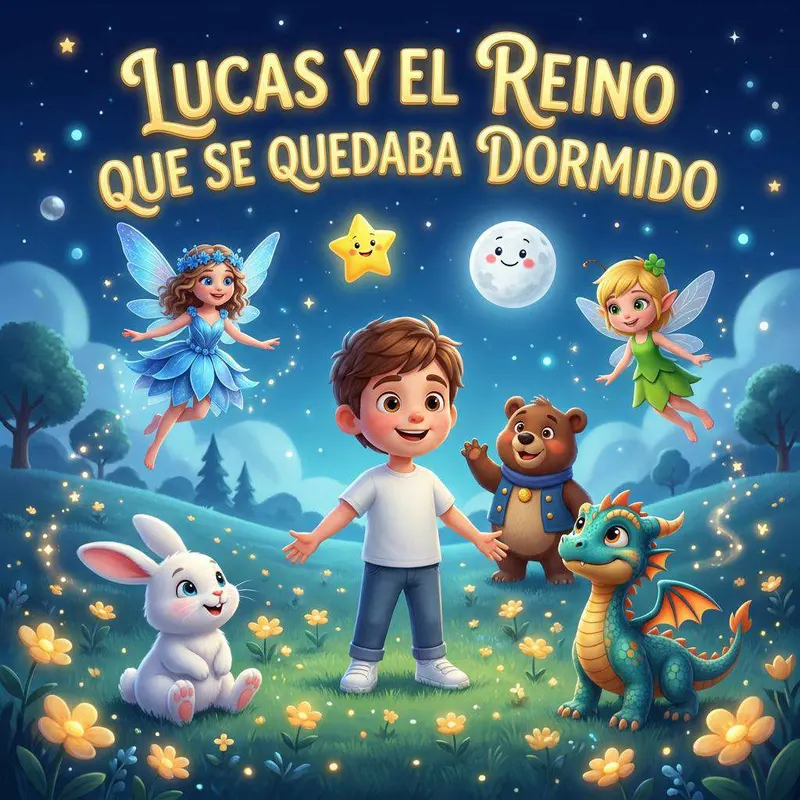 Lucas atraviesa un bosque encantado de la mano de un hada de alas azules, con la luna sonriente sobre las casitas iluminadas