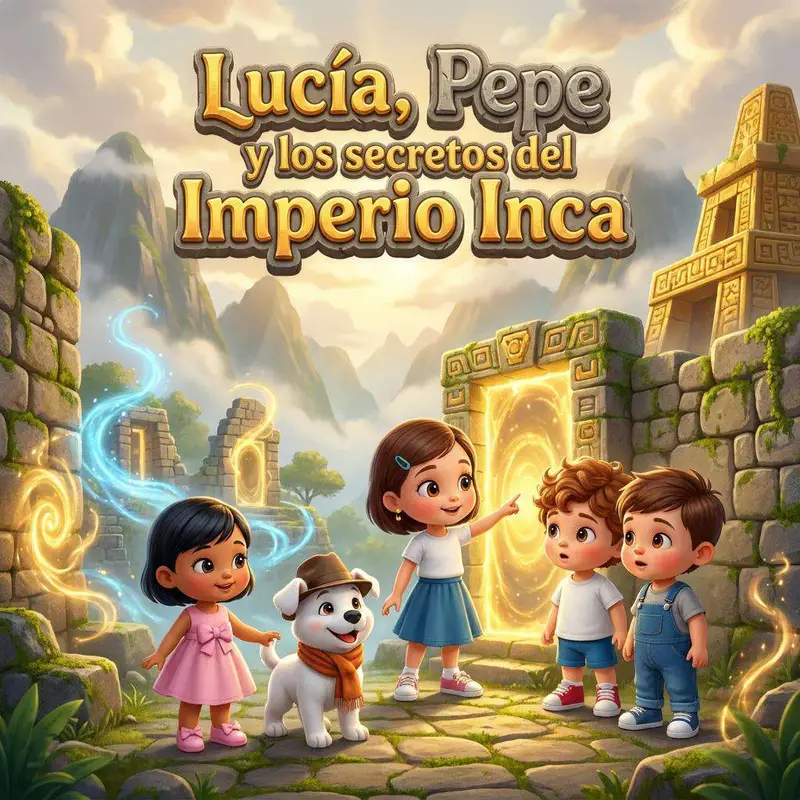 Cuatro niños y un perro con sombrero ante un portal dorado abierto en un muro de piedra inca, con montañas y ruinas al fondo