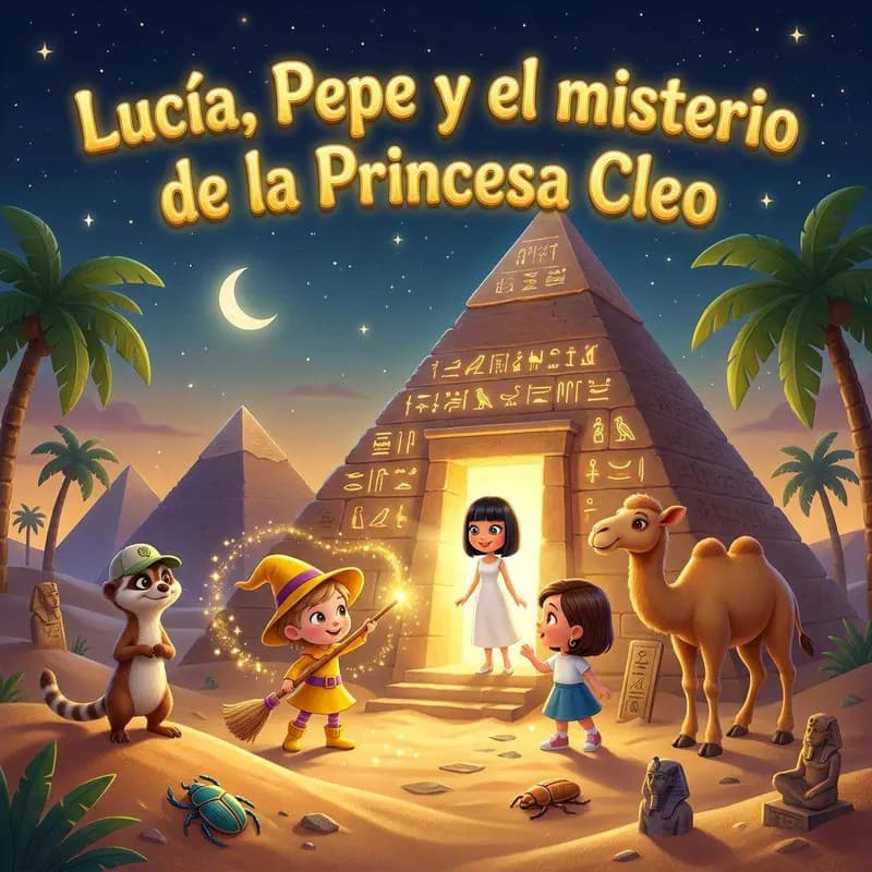 Dos niños, una bruja de amarillo, un suricato y un camello frente a la entrada iluminada de una pirámide cubierta de jeroglíficos, de noche