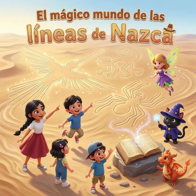 Cuatro niños caminan por el desierto de Nazca sobre los dibujos gigantes del colibrí y la araña, acompañados de un hada, un gato con sombrero de mago y un dragón naranja