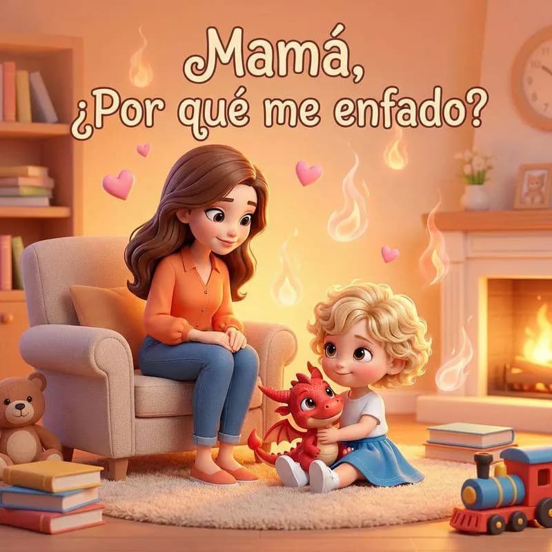 Una niña sentada en la alfombra abraza a un pequeño dragón rojo mientras su madre la mira desde el sillón, junto a la chimenea
