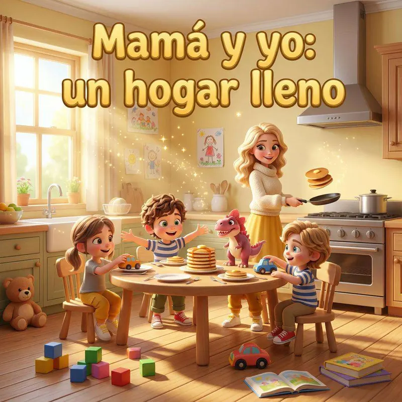 Elena y Nico desayunando en la cocina de casa, con juguetes por el suelo y la ventana abierta al jardín