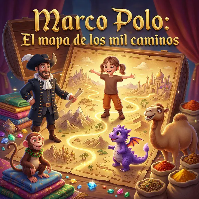Marco Polo y Nora sobre un enorme mapa dorado, con un mono, un dragón morado, un camello, sedas y sacos de especias