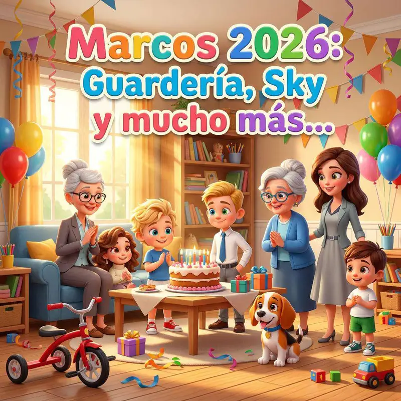 Un niño sopla las velas de su tarta rodeado de su familia, con un triciclo rojo y un cachorro en el salón decorado