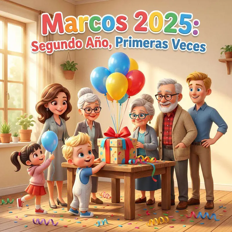 Toda la familia rodea al niño mientras abre un regalo grande sobre la mesa, entre globos y confeti
