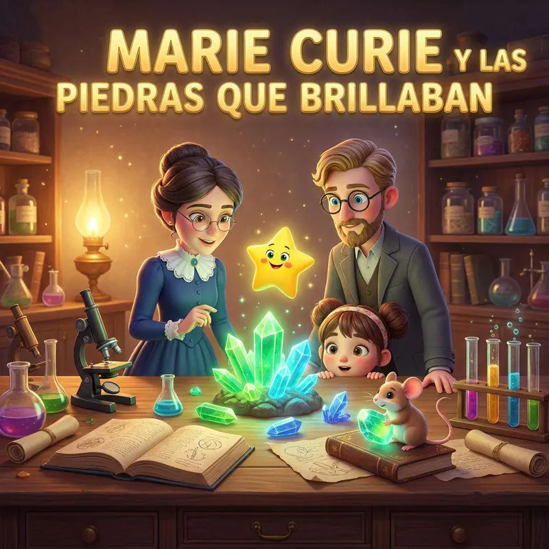 Marie Curie y Pierre en su laboratorio, con cristales verdes brillando sobre la mesa, una estrella sonriente, una niña y un ratón con gafas