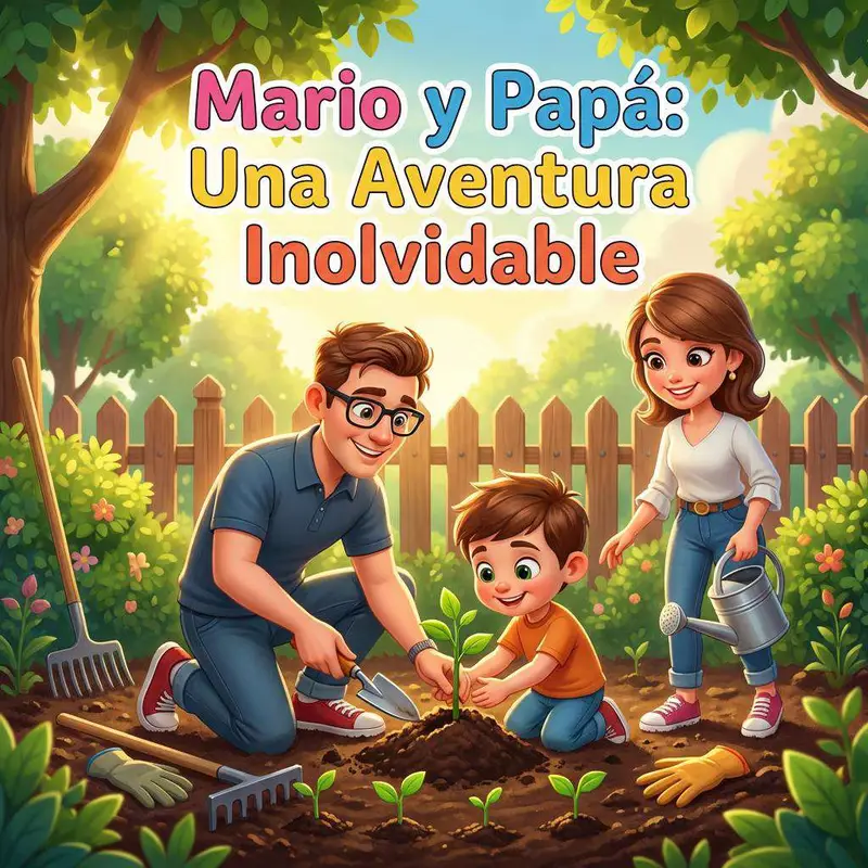 Un padre y su hijo plantan un brote en el huerto del jardín mientras la madre se acerca con una regadera