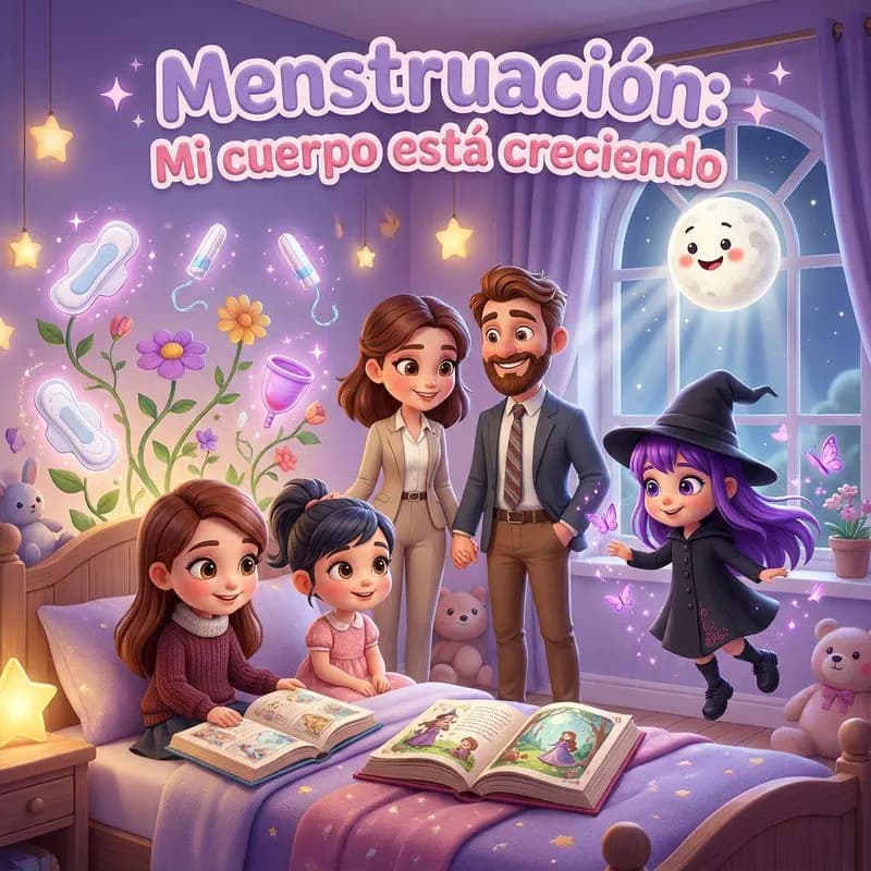 Dos hermanas sentadas en una cama escuchan a sus padres mientras una brujita de pelo morado y una luna sonriente flotan junto a la ventana