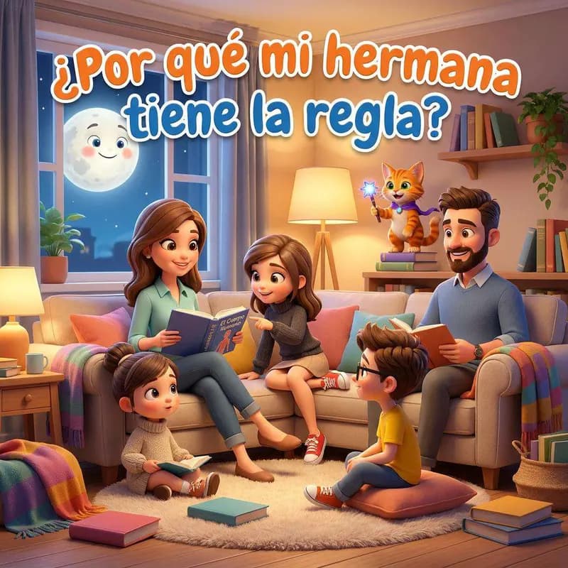 Una familia reunida en el salón por la noche leyendo juntos, con la luna asomada a la ventana y una gata naranja en la estantería