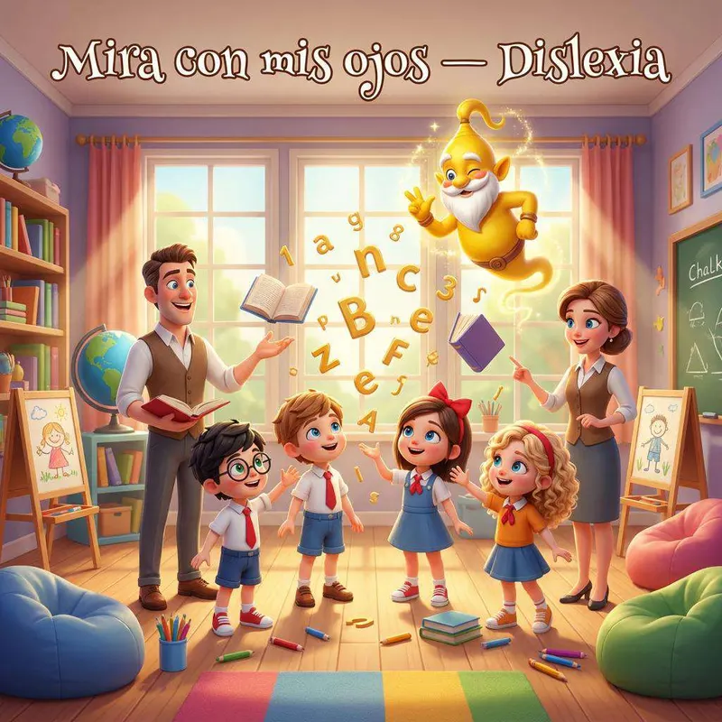 David y sus compañeros de clase con Zafir, el genio amarillo, volando entre letras doradas en una biblioteca