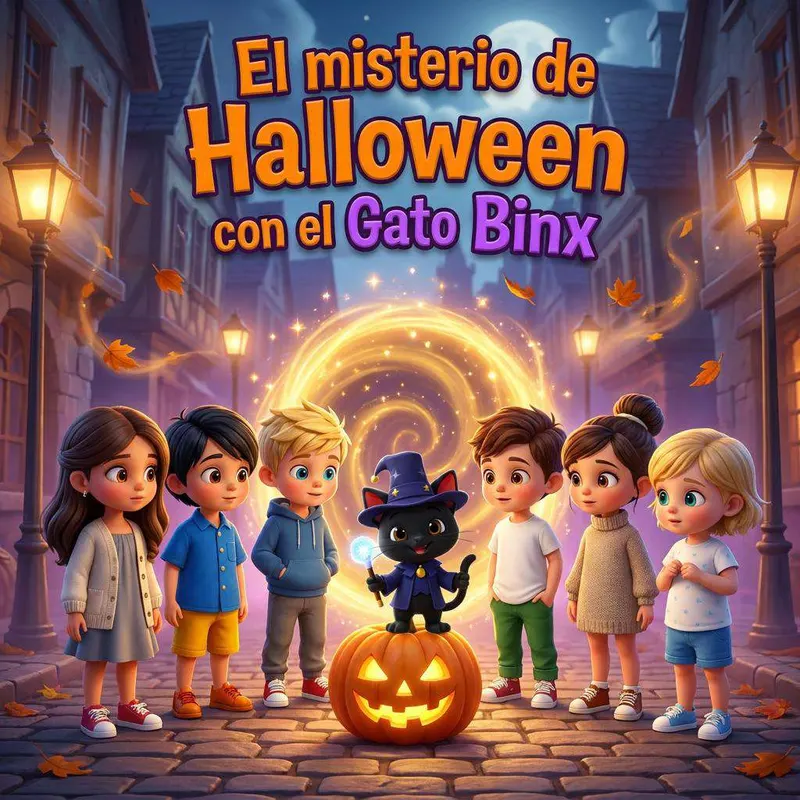 Un grupo de niños rodea a un gato negro con sombrero de mago subido a una calabaza, en una calle empedrada bajo la luna