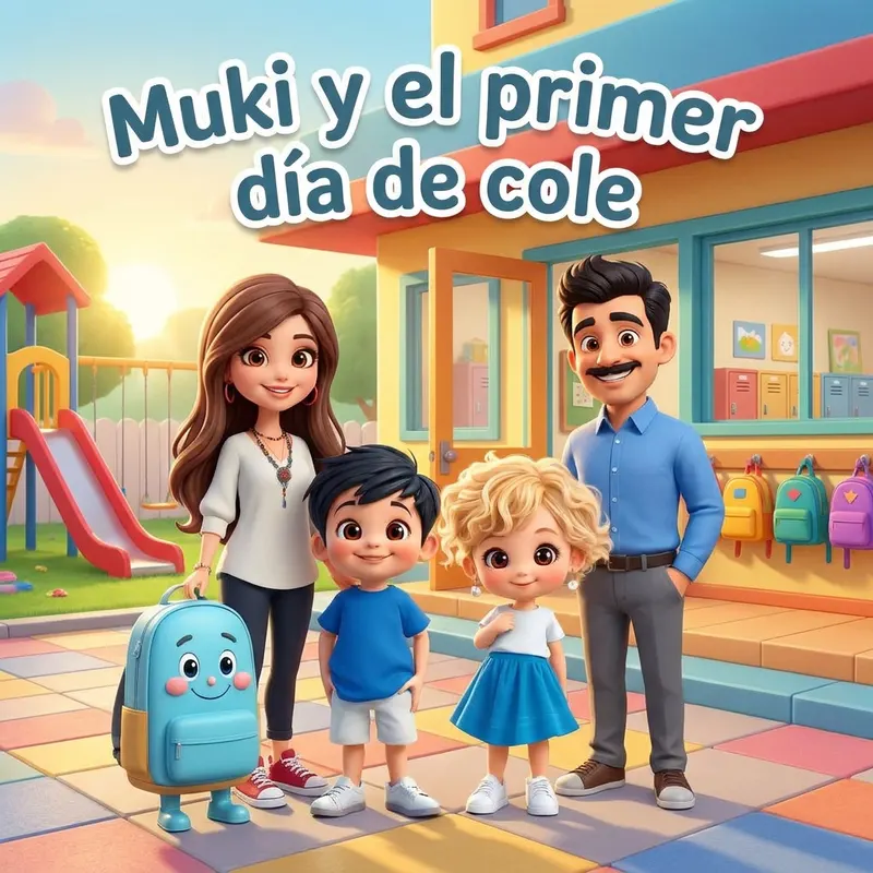 Teo y Lola a la puerta del cole con la maestra Carmen, su papá Javier y Muki, la mochila azul con cara