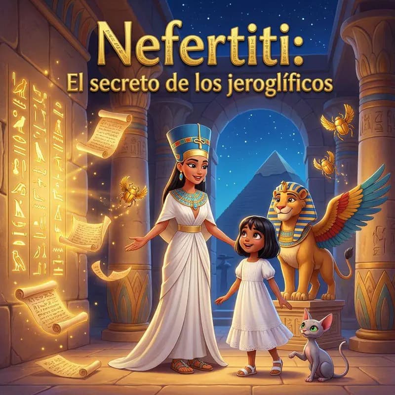 Nefertiti, con su corona azul, de la mano de Nahia ante una esfinge alada dorada y un gato, con jeroglíficos brillantes y la pirámide al fondo