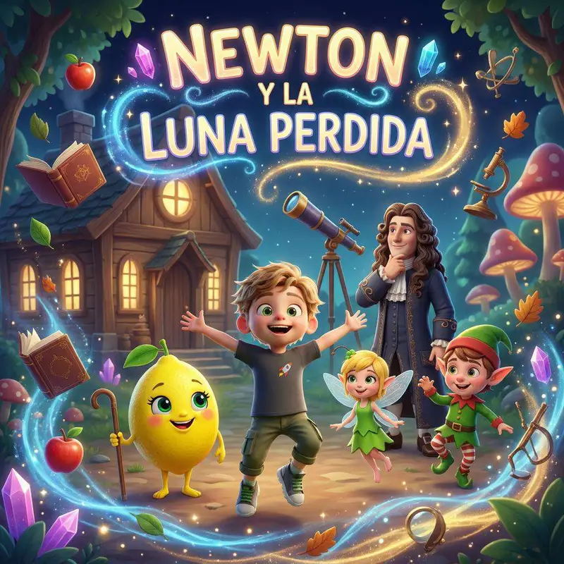Isaac Newton con su telescopio junto a Leo, un limón parlante, un hada y un duende, delante de su casa iluminada de noche