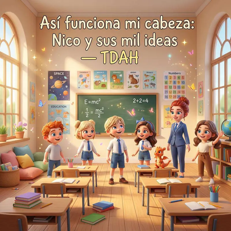 Nico y sus compañeros de clase posan delante de la pizarra con Flami, el dragoncito naranja, volando sobre ellos