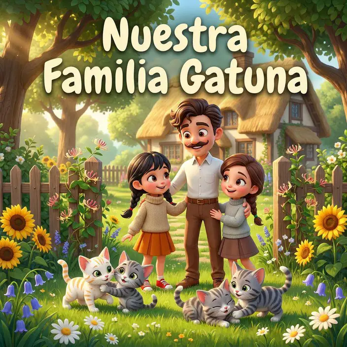 Una pareja y su hija pequeña posan en el jardín de su casa de campo rodeados de gatos, entre girasoles y flores