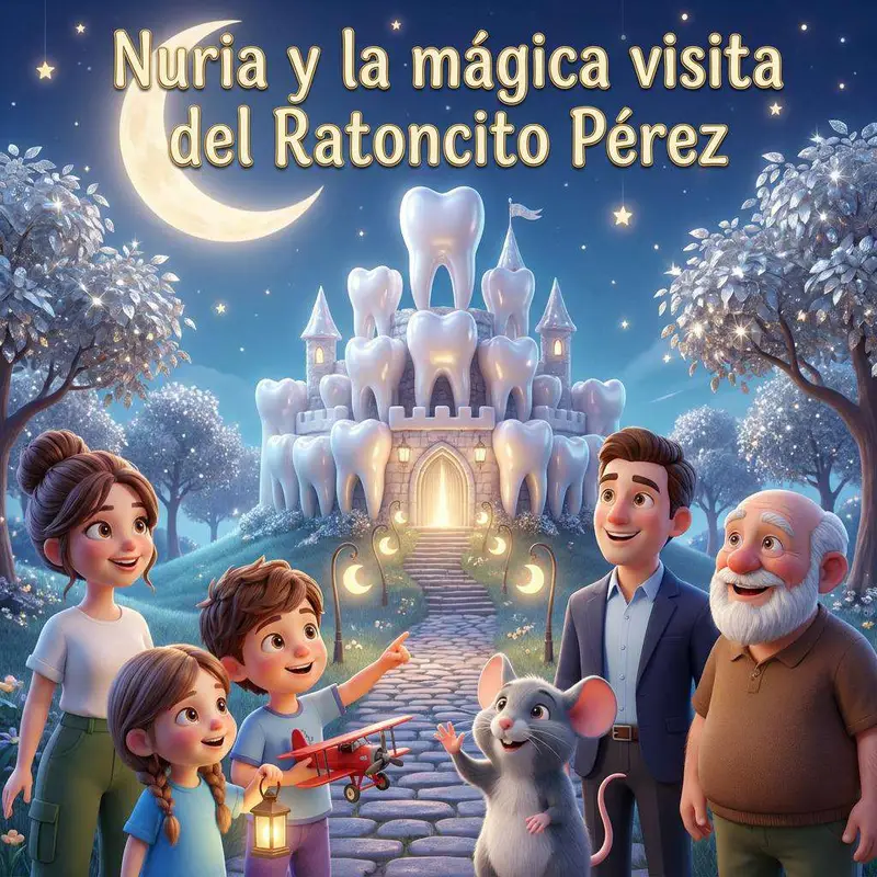 Nuria, su hermano Javi, sus padres y el abuelo miran al Ratoncito Pérez delante del Palacio de los Dientes bajo la luna