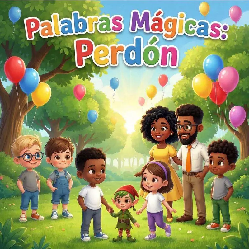 Un grupo de niños y sus padres en un parque lleno de globos de colores, con un duende de gorro rojo en el centro