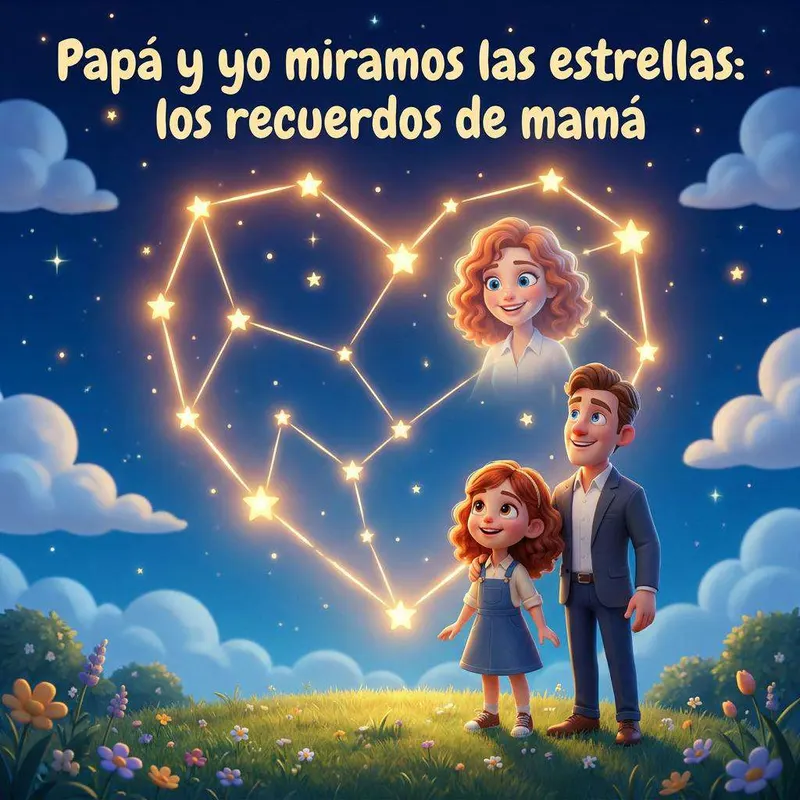 Lucía y su padre contemplan un cielo lleno de estrellas desde un prado de flores luminosas