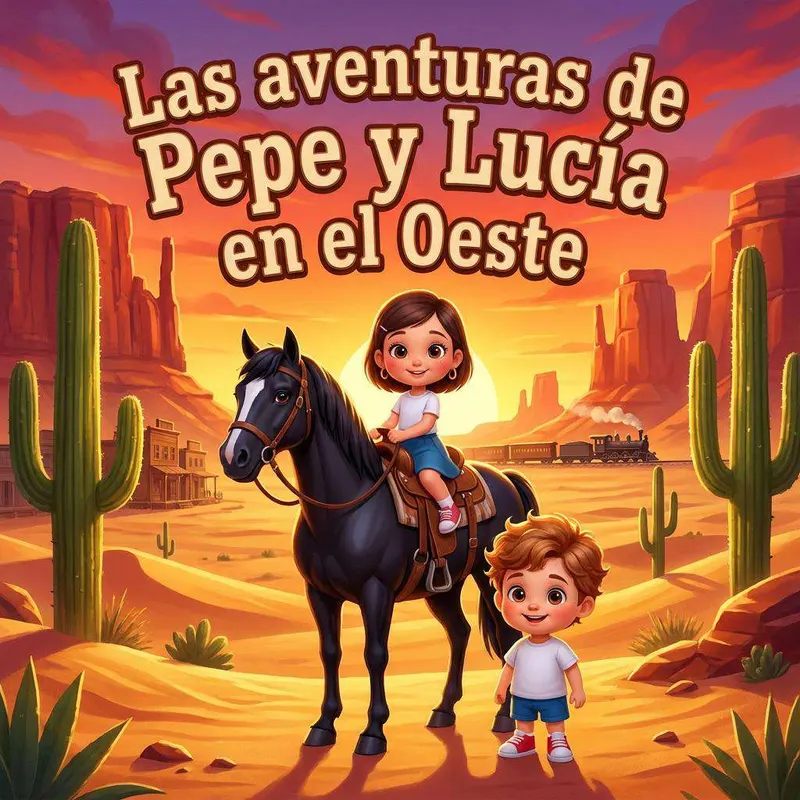 Una niña montada en un caballo negro y un niño a su lado en un desierto de cactus al atardecer, con un tren de vapor al fondo