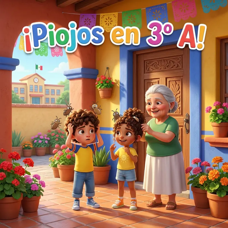 Tadeo se rasca la cabeza mientras Abuela Meche revisa el pelo de Mariana a la puerta de su casa