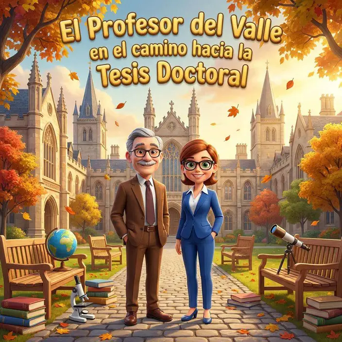 Un catedrático mayor con gafas y su doctoranda posan en el patio de una universidad en otoño, entre bancos con libros, un globo terráqueo y un telescopio