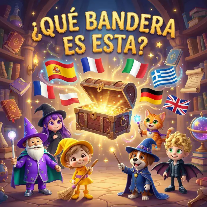 Un mago, una brujita y sus amigos rodean un cofre dorado del que salen volando las banderas de España, Francia, Italia, Alemania, Grecia y Reino Unido